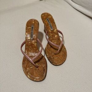 Manolo Blahnik pink leather thong cork wedges
